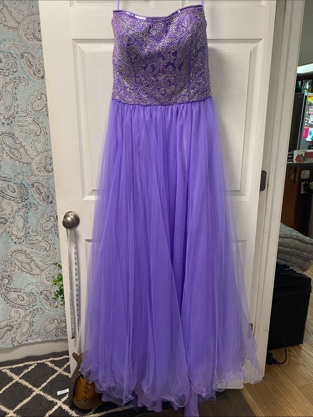 Lavender Strapless Beaded Bodice Tulle Prom Gown